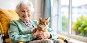 An elderly person sits in a cozy armchair, holding hands with a visiting family member in a warmly lit living space.