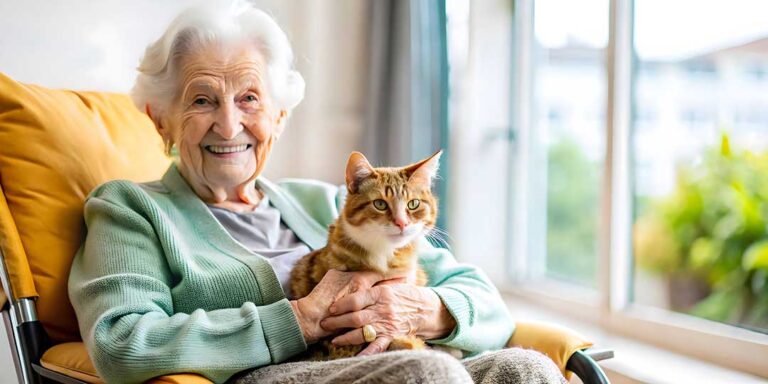 An elderly person sits in a cozy armchair, holding hands with a visiting family member in a warmly lit living space.
